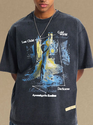 Black graphic tee with apocalyptic scene and text, distressed details, crew neck, short sleeves.