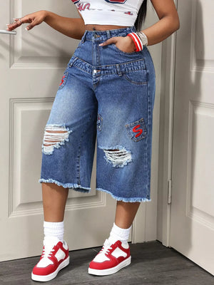 Distressed Wide-leg Denim Capris option 3