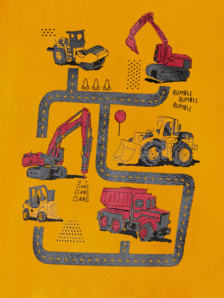 Cartoon construction vehicles sweatshirt in mustard yellow with a playful road and vehicle print.