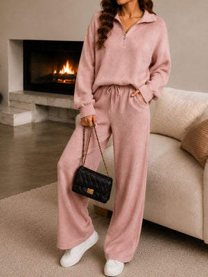 Dusty Blue lounge set featuring zipper and ribbed