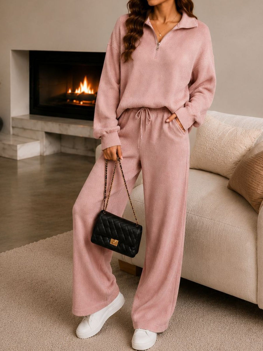 Dusty Blue lounge set featuring zipper and ribbed