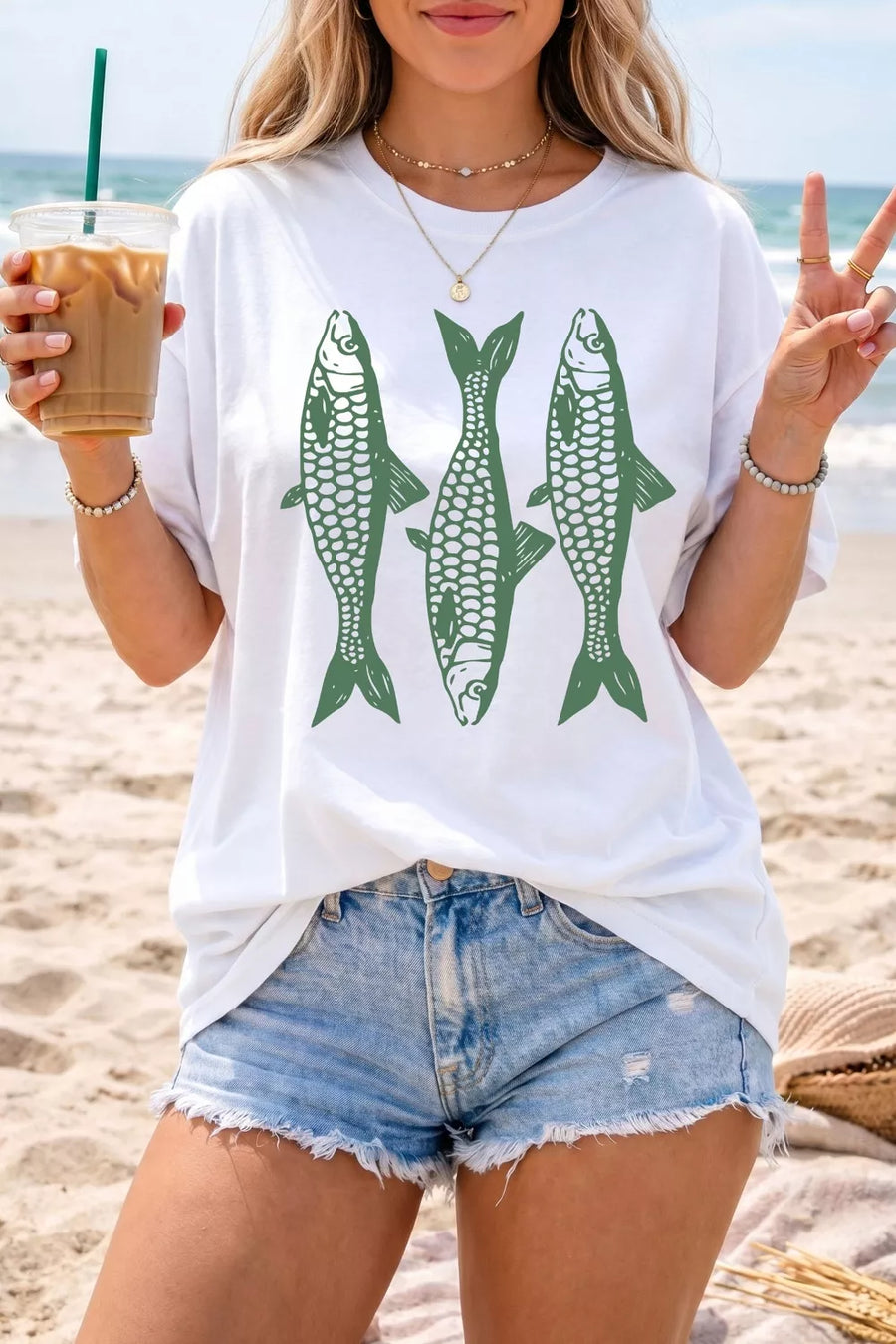 White cotton crew neck t-shirt with a green fish graphic print