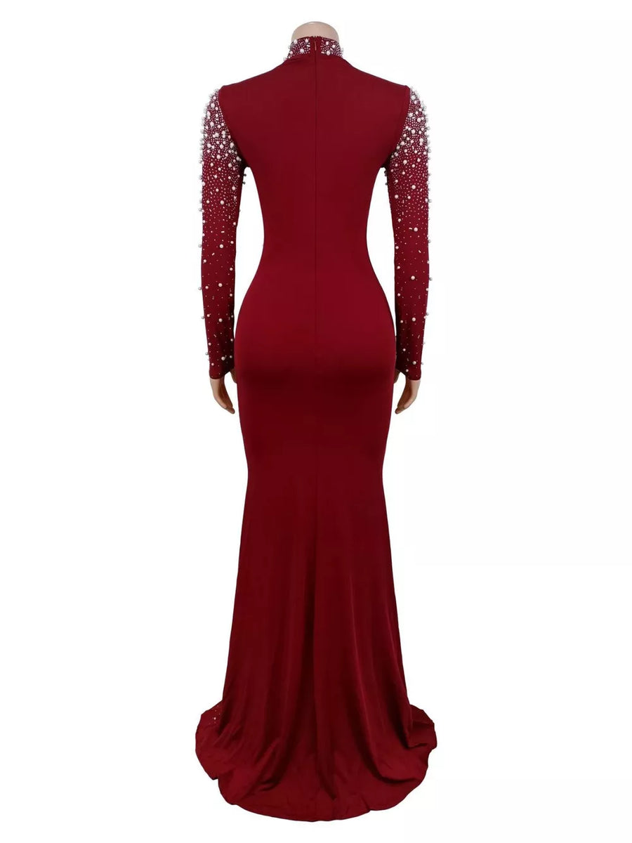 Rhinestone Long Sleeve Mermaid Maxi Dress in Black with rhinestone