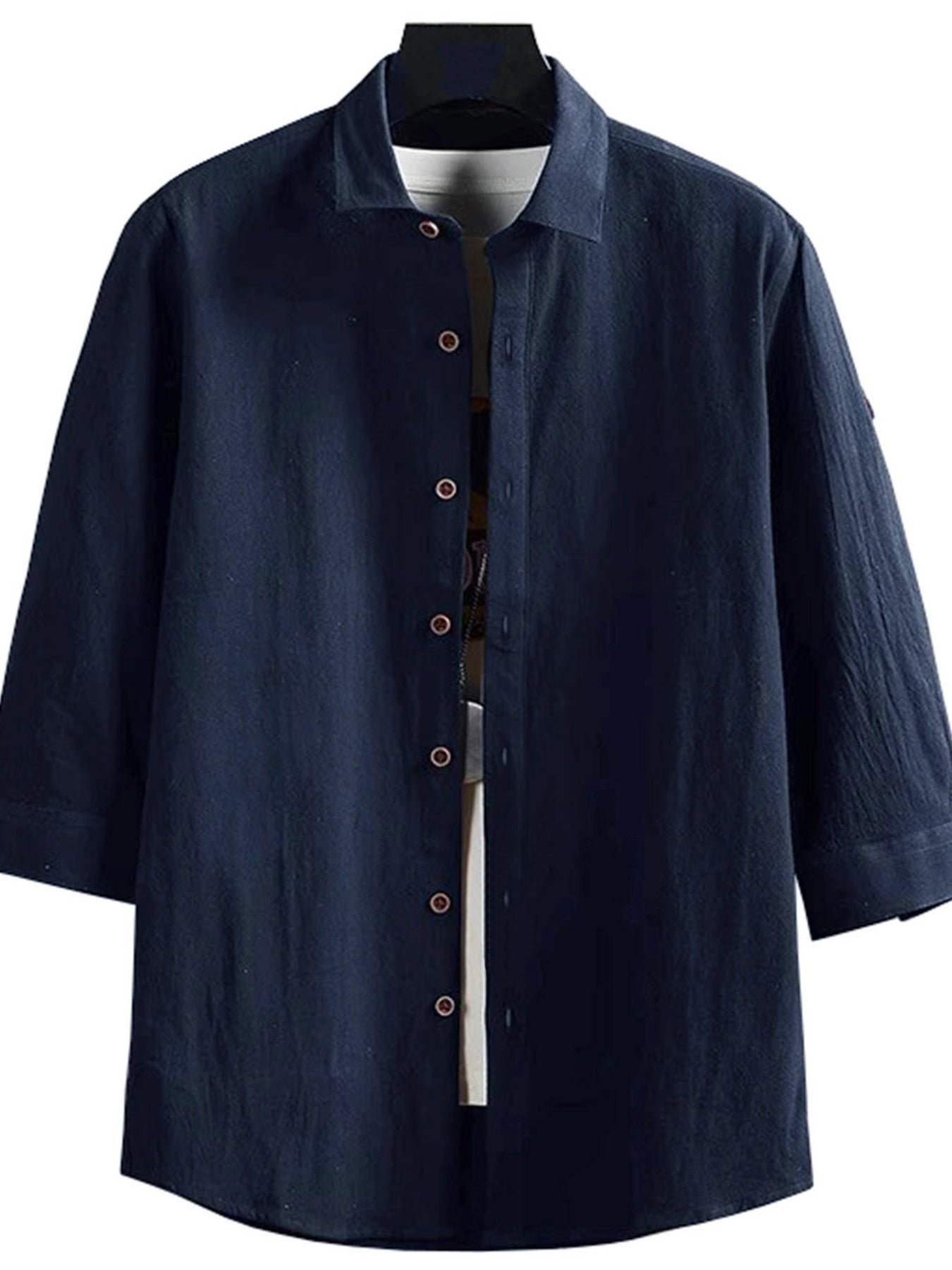 Men's navy blue casual button-down shirt with 3/4 sleeves and cotton blend fabric.