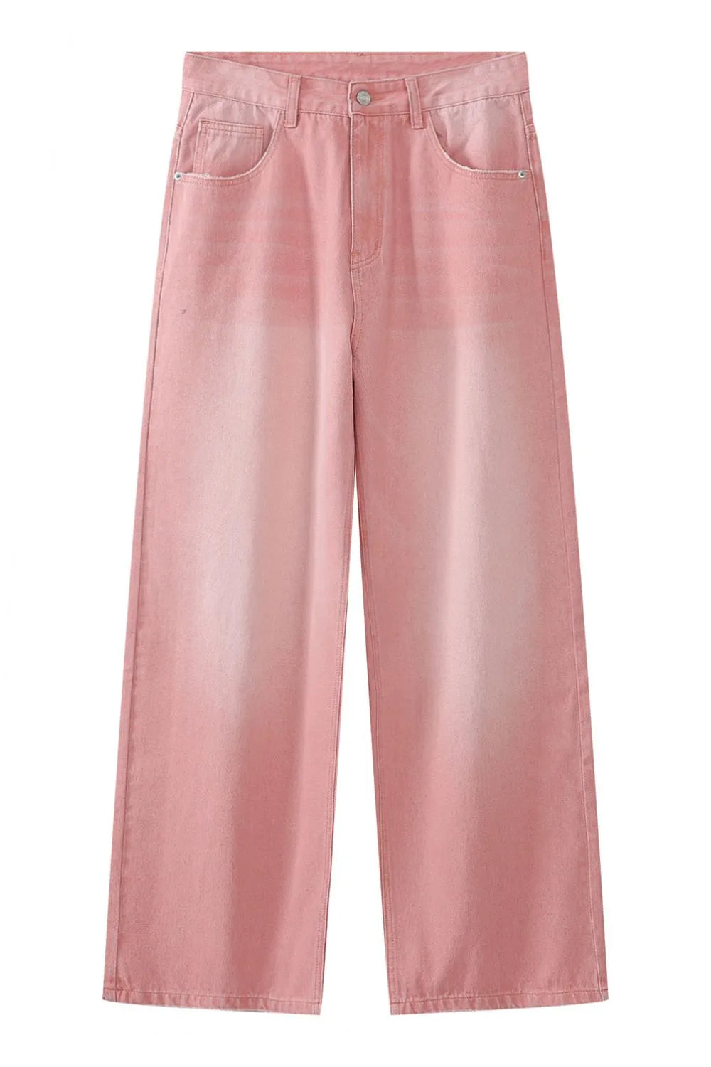 Faded pink wide-leg denim trousers with a gradient wash and classic five-pocket styling.