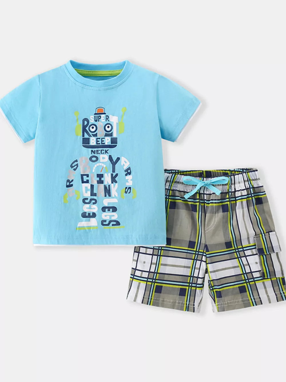 Baby blue cotton tee with robot graphic and plaid shorts set.