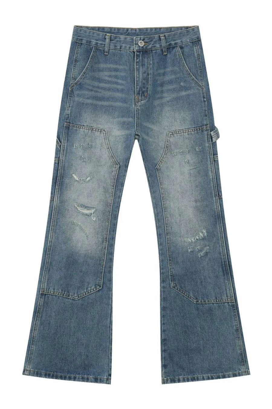 Carpenter flare jeans in medium wash denim with distressed details and a relaxed fit.