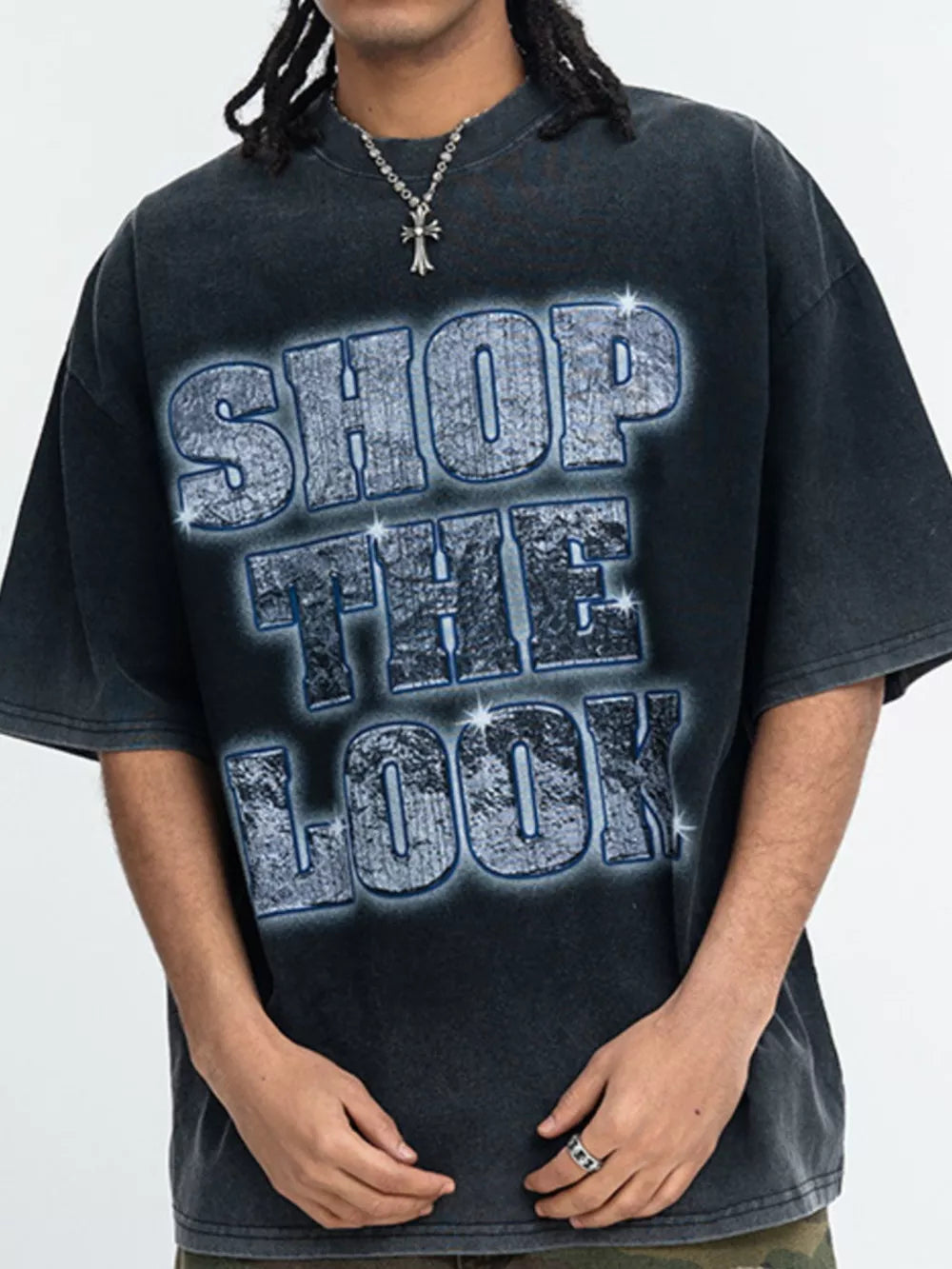 Black acid-wash cotton t-shirt with distressed "SHOP THE LOOK" graphic print