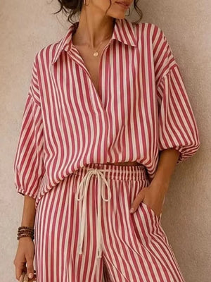 Striped Puff Sleeve Shirt And Wide-leg Pants Set in Red