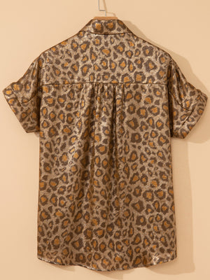 Print Classic Button-down Shirt in metallic leopard print with short sleeves and classic collar.