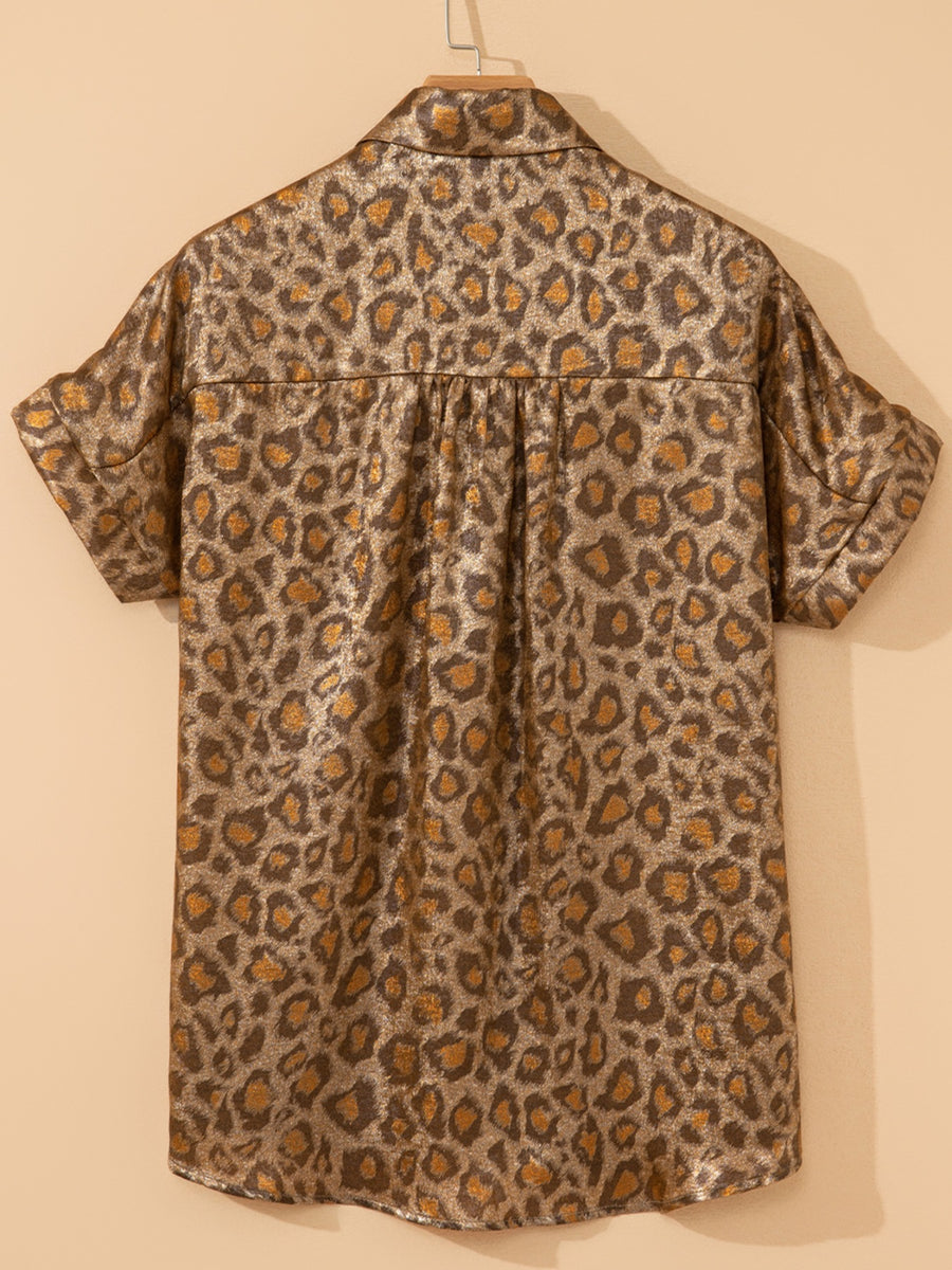 Print Classic Button-down Shirt in metallic leopard print with short sleeves and classic collar.
