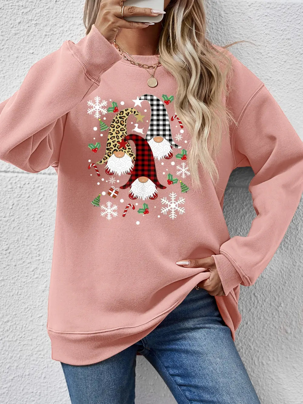 Blush Pink raglan sweatshirt with a festive gnome graphic, snowflakes, and candy canes.