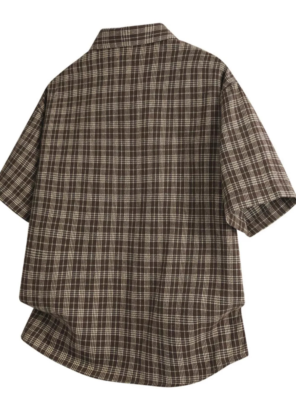 Classic oversized plaid button-front shirt in chocolate with short sleeves.