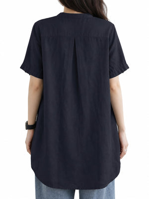 Notched Short Sleeve Oversize Blouse Plus Size in olive green with buttoned
