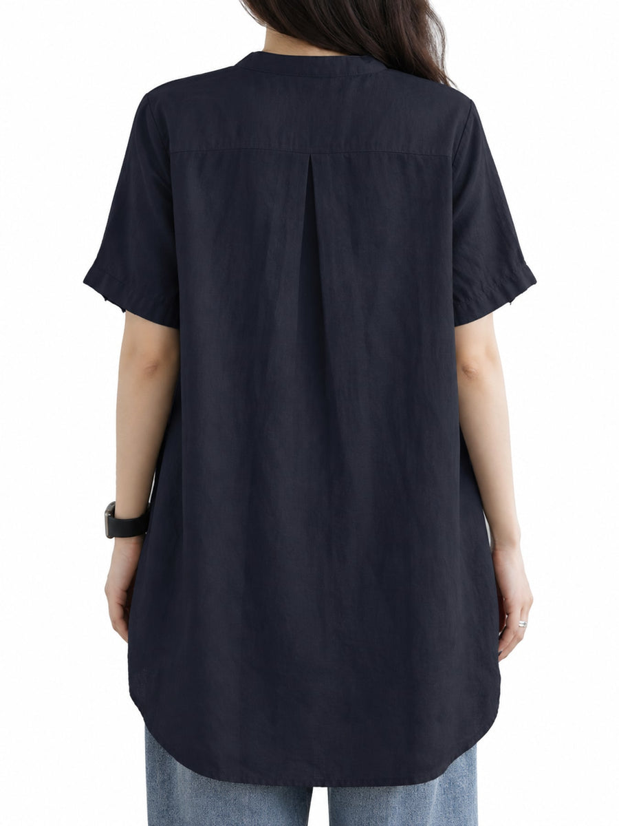 Notched Short Sleeve Oversize Blouse Plus Size in olive green with buttoned