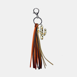 Cactus keyring with leopard print detail and multi-color leather tassels.