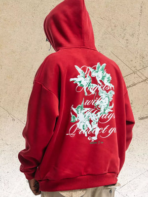Red cotton blend graphic sweatshirt with cherub print and long sleeves.