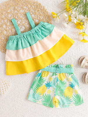 Baby tiered ruffle cami and pineapple print shorts set with a mint green waistband.
