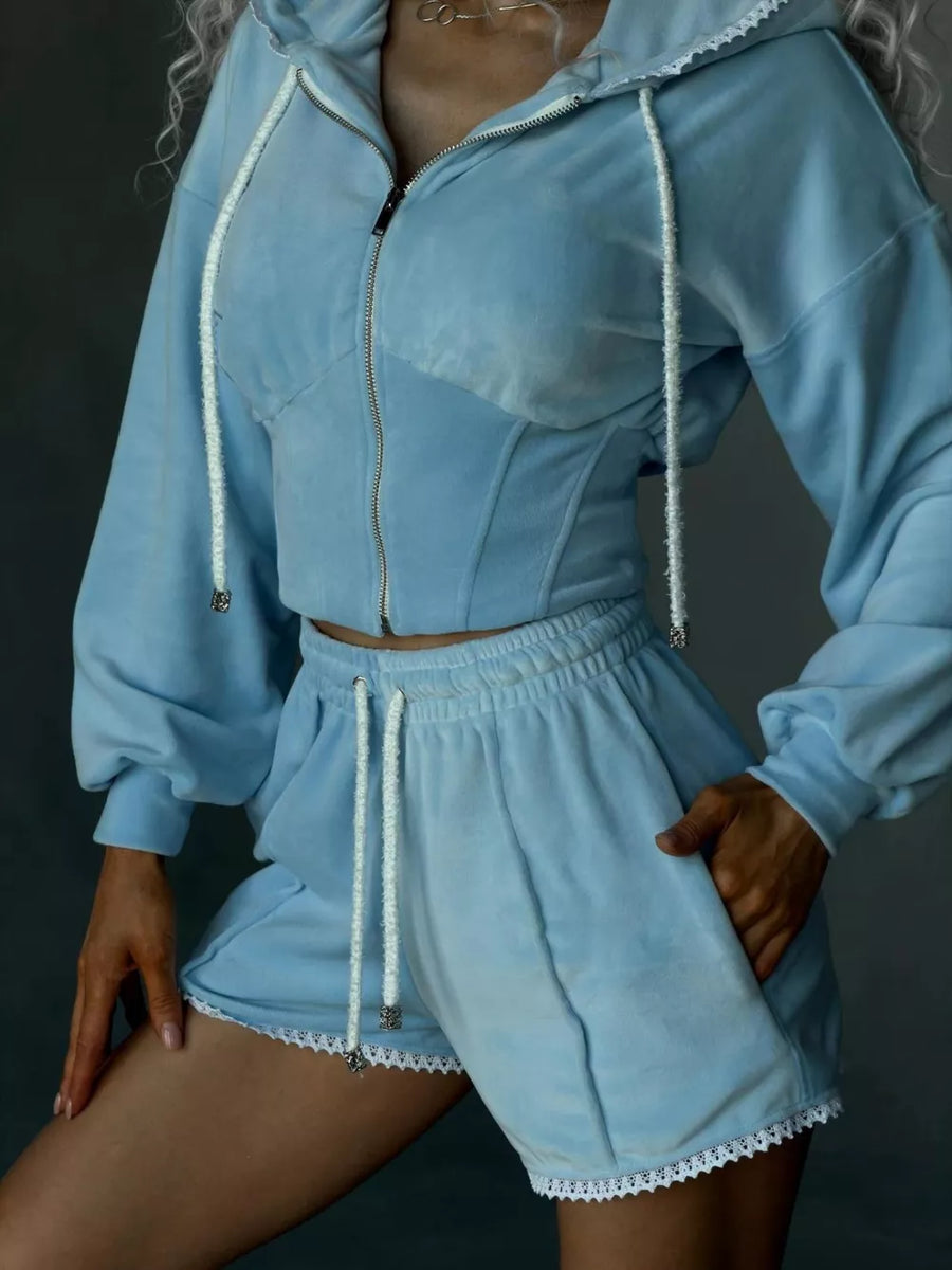 White Zip Up Hooded Outerwear And Shorts Set