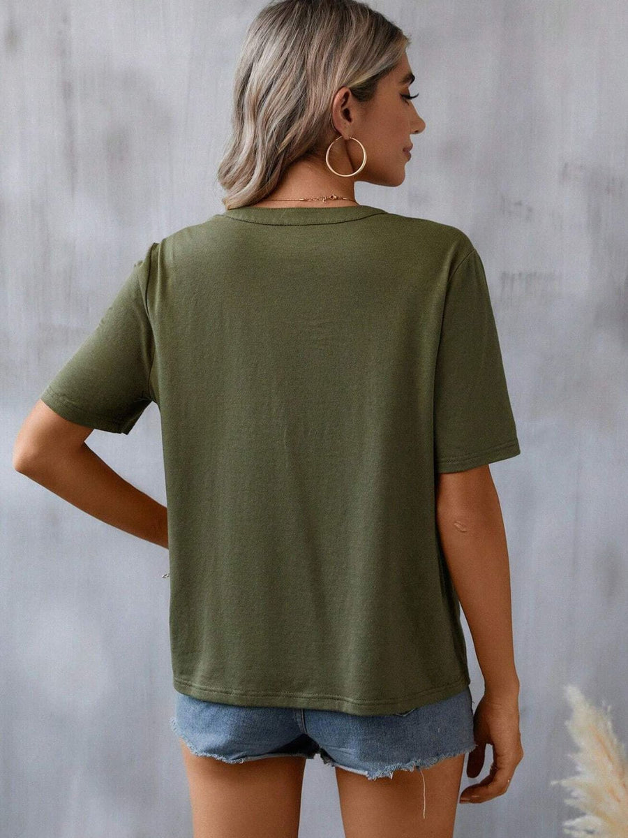 Army green v-neck tee with short sleeves and crochet trim detail.