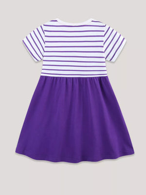 Toddler dress with purple and white stripes on top and a solid purple skirt.
