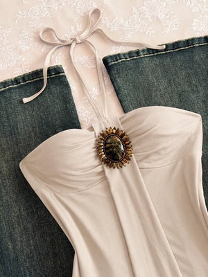 Coffee Brown Embellished Front Halter Neck Cami