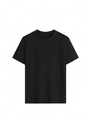 Black crewneck t-shirt with short sleeves and a classic fit.