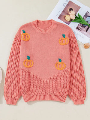 Embroidered pumpkin sweater in burnt coral with a crew neck and ribbed details.