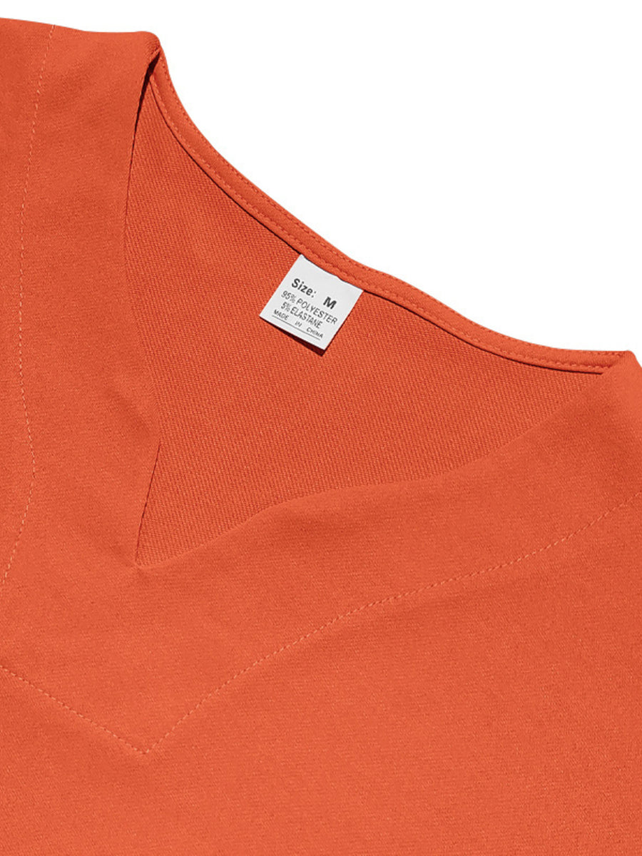 Orange men's t-shirt with notched V-neck and visible size tag.