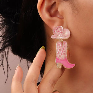 Pink cowgirl boot and hat dangle earrings with polka dot detail