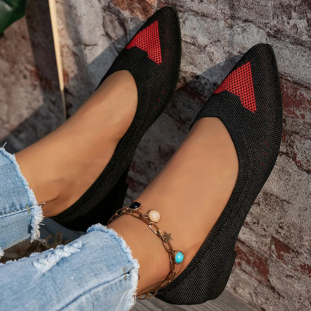 Black knit pointed flats with red geometric detail, women's slip-on shoes