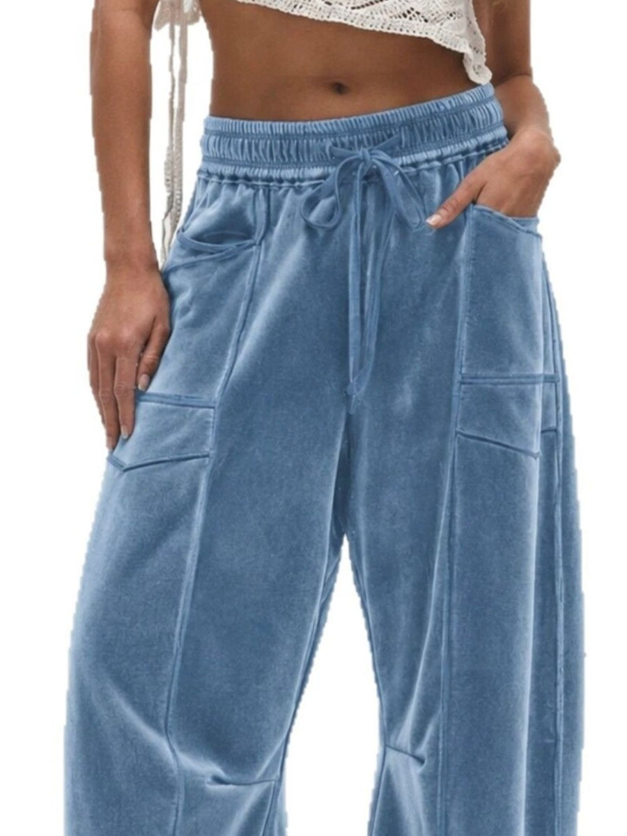 Brown wide-leg pants with full-length and drawstring