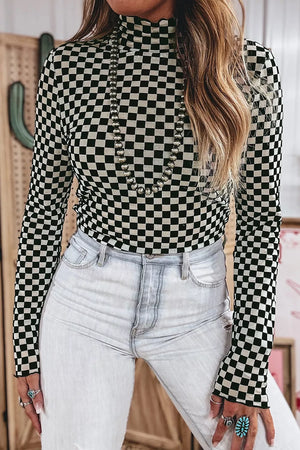 Plaid Stand Neck Long Sleeve Mesh Top option 3