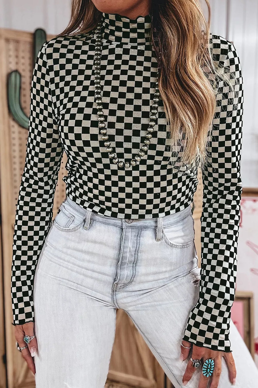 Plaid Stand Neck Long Sleeve Mesh Top option 3