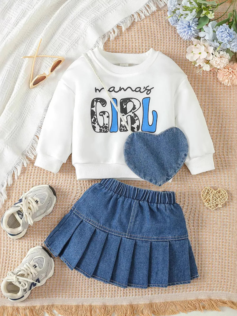 White Children's Letter Long Sleeve Top And Denim Skirt Set