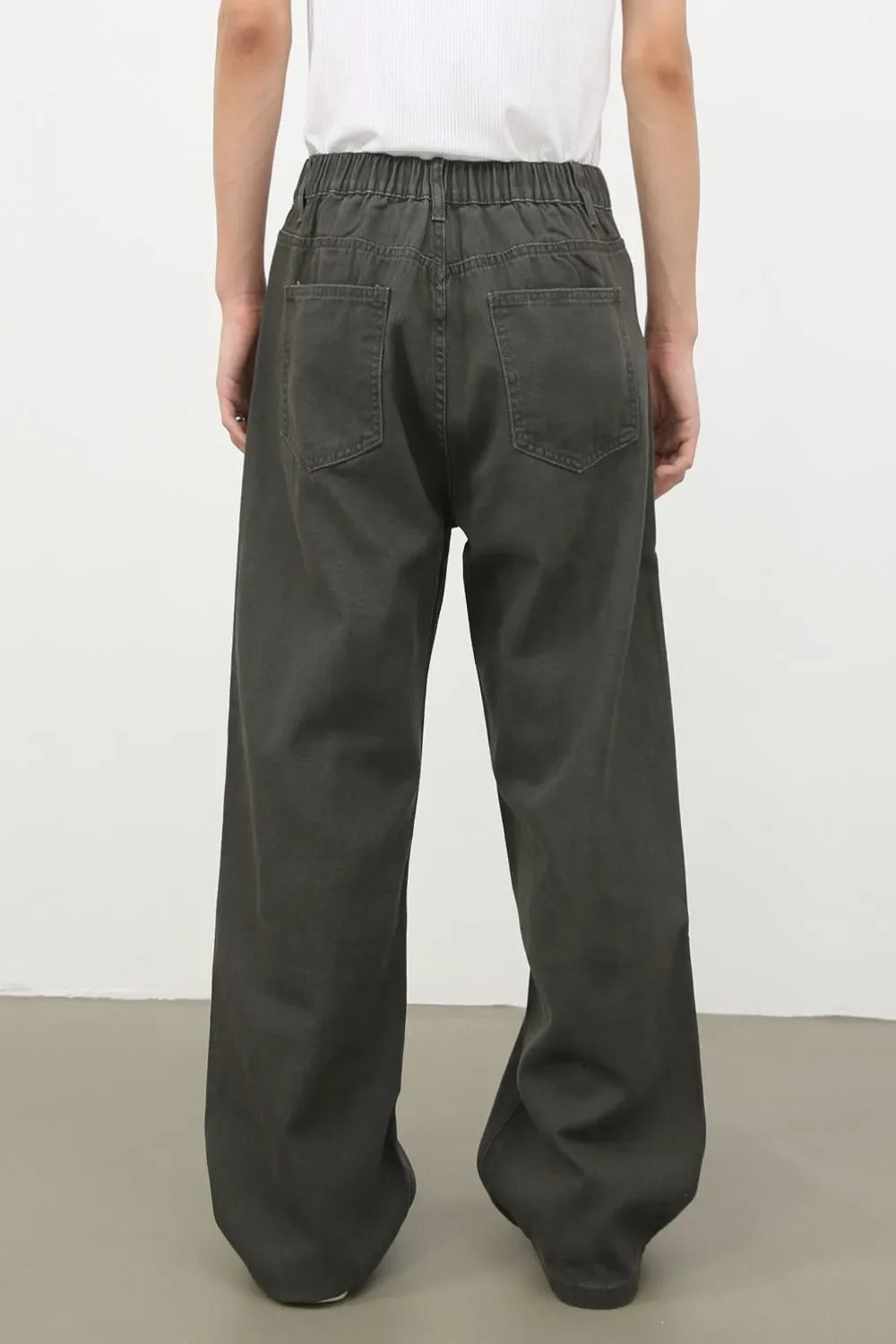 Dark Gray wide-leg denim jeans with elasticated waistband and back pockets.