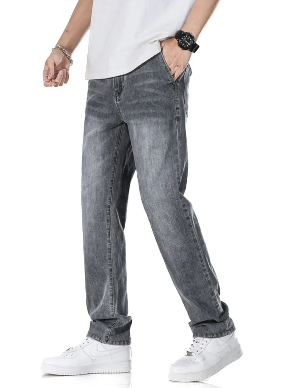 Light Blue Men's Classic Straight Fit Washed Jeans