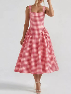 Plaid square neck midi dress in blush pink with a-line skirt.
