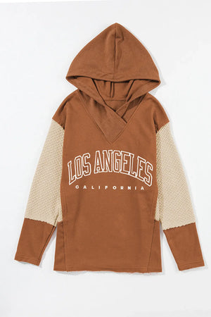 Caramel graphic hoodie with textured sleeves and Los Angeles California print.