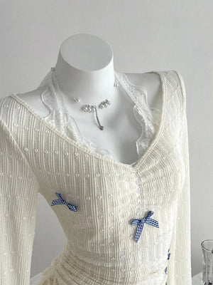 Bow Lace Detail V-neck T-shirt option 4