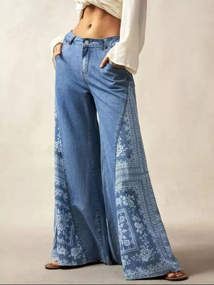 medium blue flare jeans featuring pocketed and floral