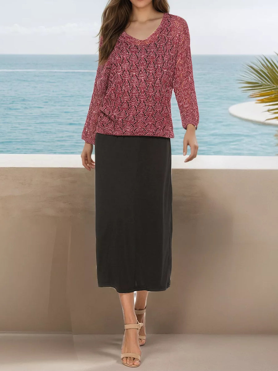 V-neck Textured Knit Top in Black