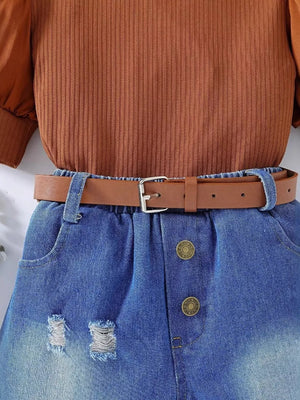 Children's Puff Sleeve Top And Denim Shorts Set option 5