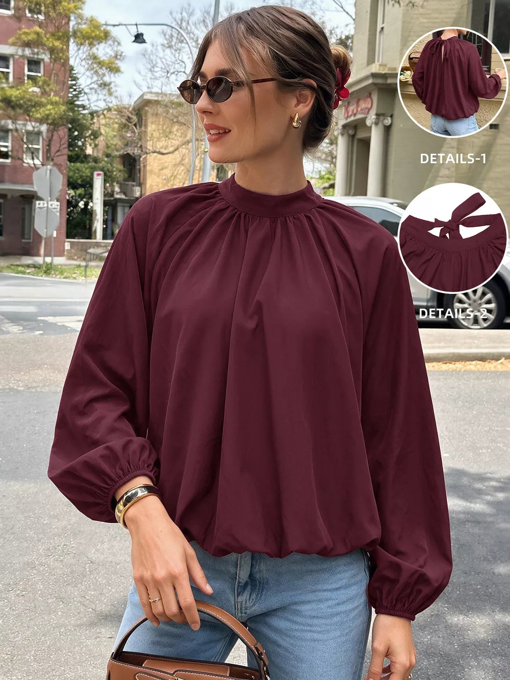 blouse in burgundy featuring tied back and relaxed fit