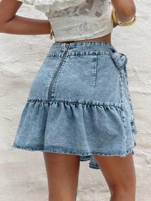 Ruffled Hem High Waist Bow Tie Denim Skirt option 4