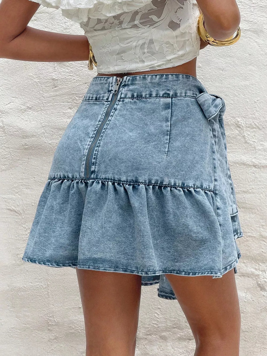Ruffled Hem High Waist Bow Tie Denim Skirt option 4