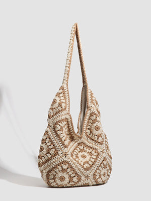 brown handbag featuring crochet knit and granny square