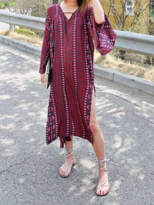 Red Bohemian Print Midi Dress With Side Slits