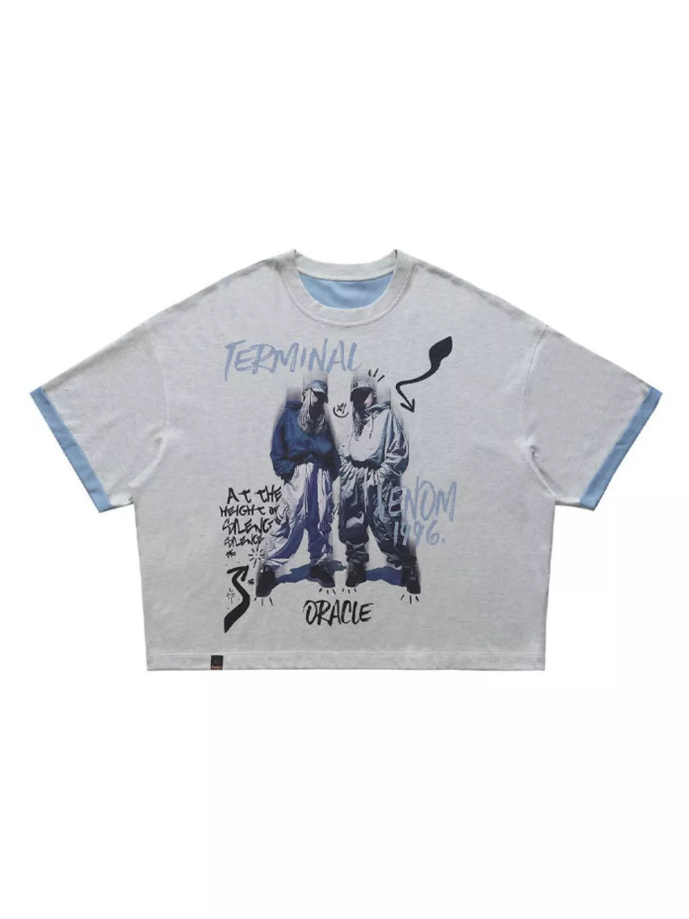 light blue t-shirt featuring stretch and graphic print