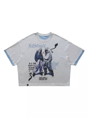 light blue t-shirt featuring stretch and graphic print